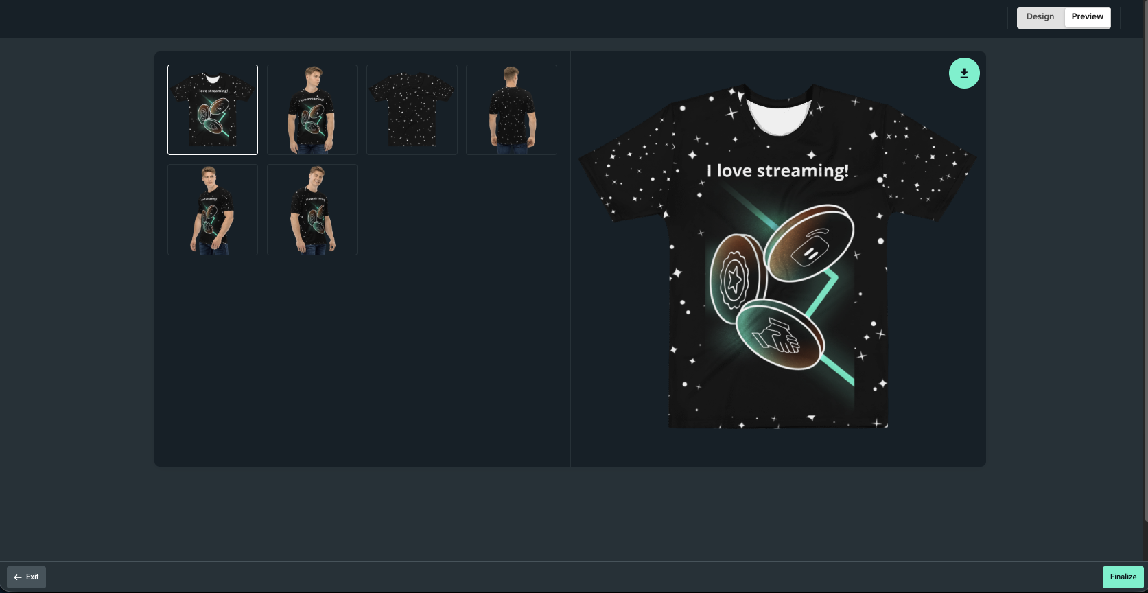 Once you are done designing, click Preview in the top right corner of the merch editor to see your design as it would look once printed.